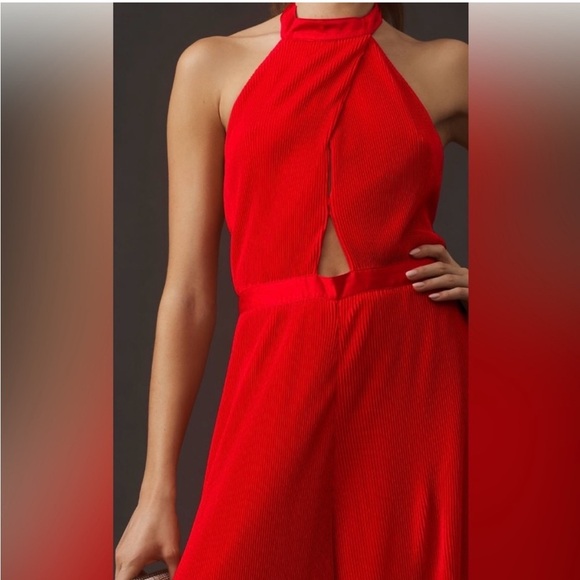 Anthropologie Red Plisse Halter Jumpsuit - Picture 3 of 16